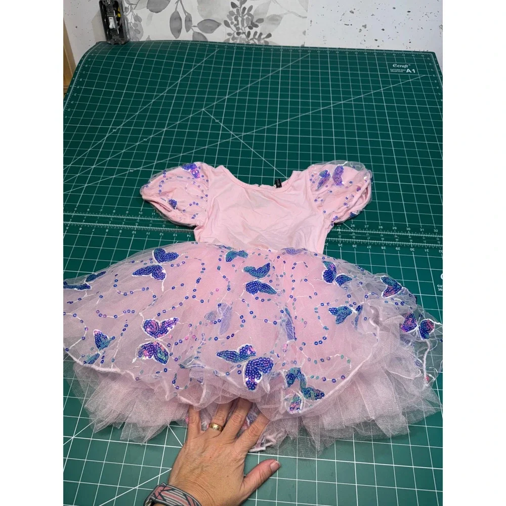 IBTON Pink Sequin Butterfly Tutu Ballet Leotard Dress Kids Size 130 Puff Sleeve